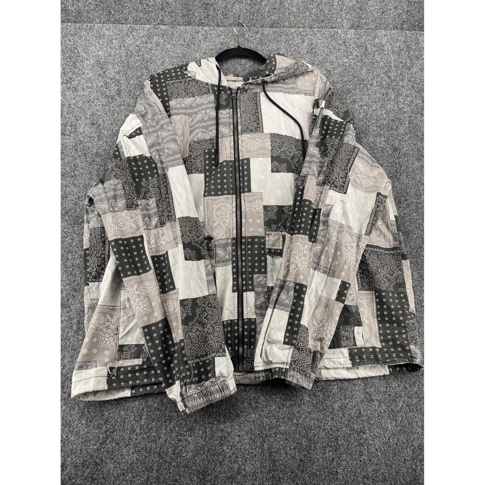 Original Use Bandana Patchwork Windbreaker Jacket Mens XXL Grey Paisley Full Zip